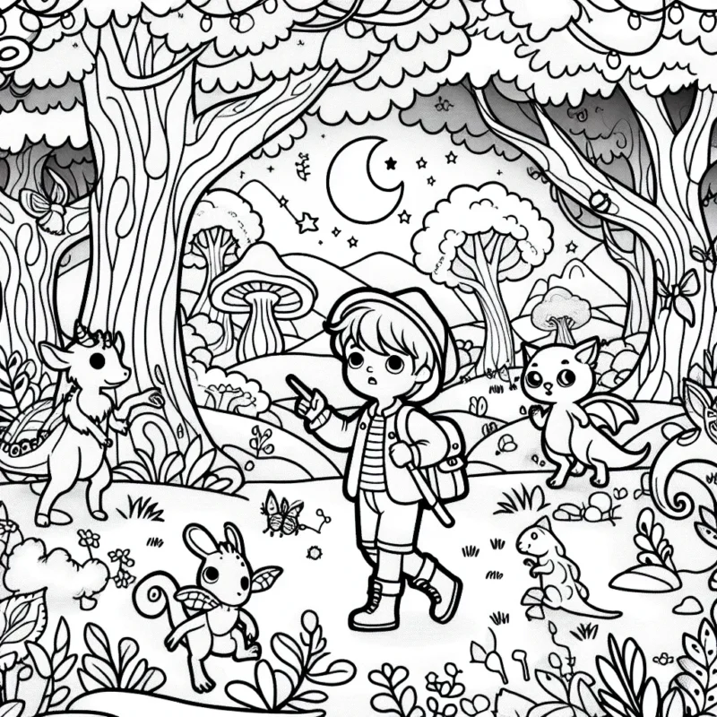 Un petit garçon explorateur dans une forêt magique peuplée de créatures fantastiques