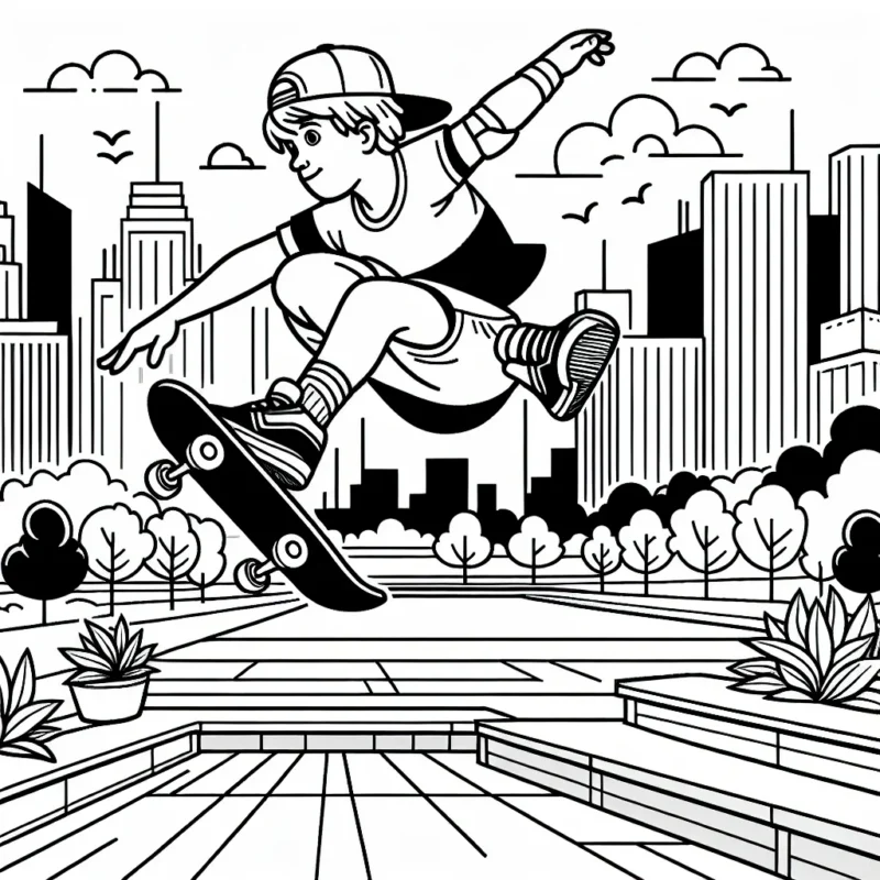 Créer une scène dynamique avec un skateur en mid-air exécutant une figure acrobatique, entouré par un paysage urbain.