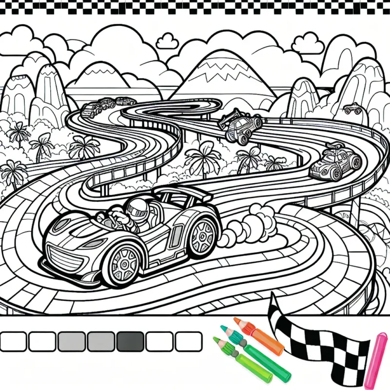 Un dessin présentant une course de voitures animée sur un circuit vif et coloré, rempli d'obstacles délicats, de courbes intrigantes et de paysages magnifiques. Les voitures sont dotées de détails uniques et le circuit présente différentes scènes passionnantes. À vous de compléter cette scène avec vos couleurs préférées!