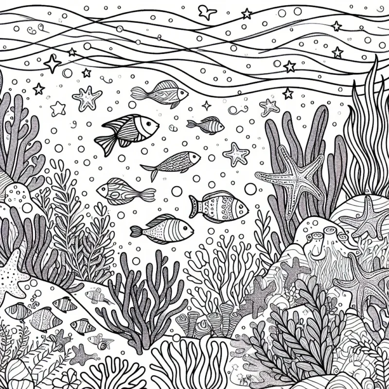 Imagines un paysage sous-marin enchanteur avec des poissons colorés, algues ondulantes et coraux brillants.