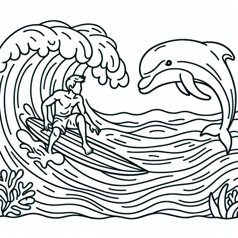 Dessine un surfeur chevauchant une vague gigantesque avec un dauphin qui saute à ses côtés.