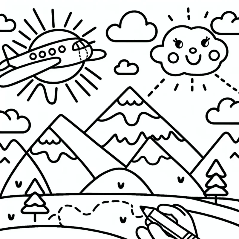 Imagine un avion volant au-dessus des montagnes, avec un ciel rempli de nuages et un soleil souriant dans le coin.