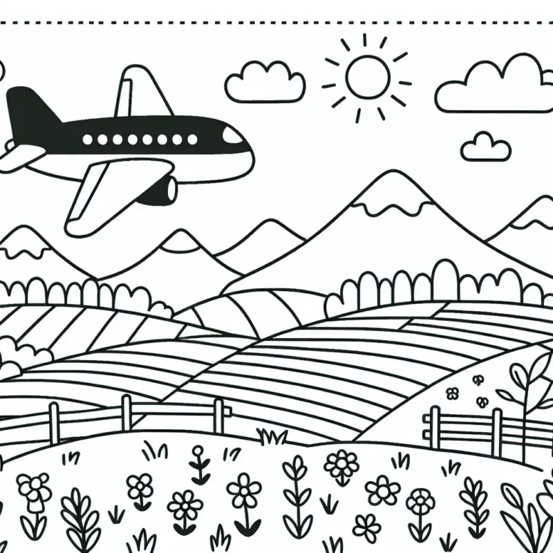 Avion survolant des champs avec des montagnes en arrière-plan