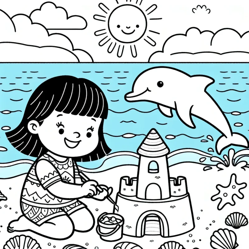 Une plage merveilleuse avec une petite fille construisant un château de sable garni de coquillages multicolores, un magnifique dauphin joyeux sautant dans l'eau et le soleil radieux souriant dans le ciel bleu clair.