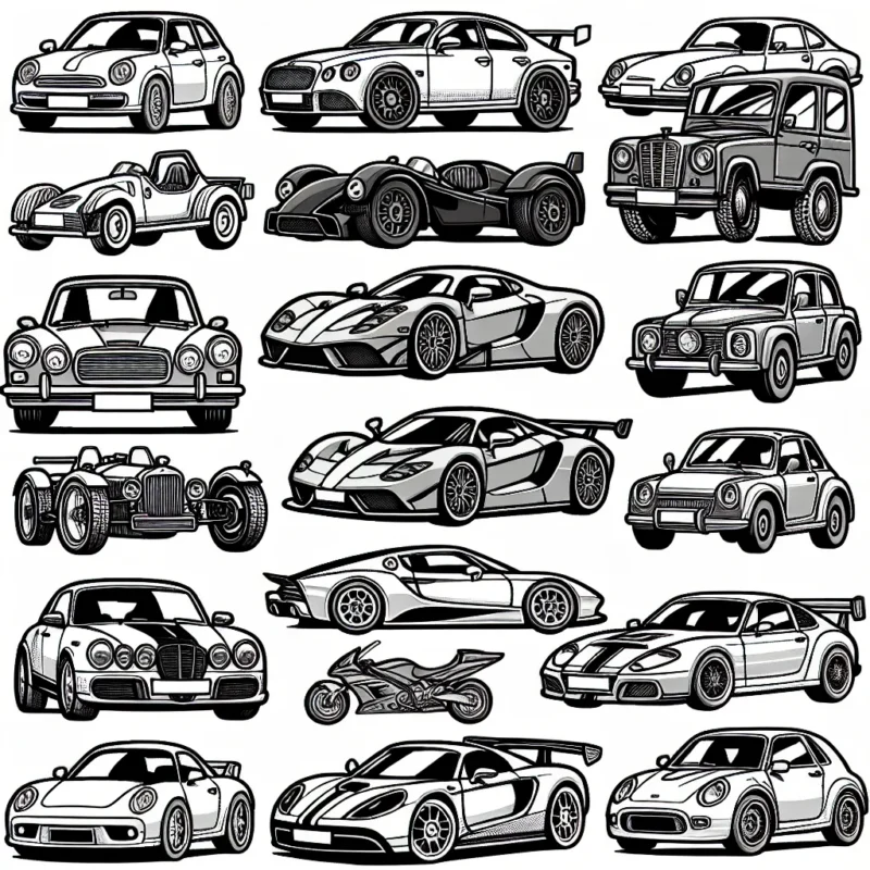 Voitures de diverses marques rassemblées pour une grande course automobile. Chaque voiture a son logo de marque clairement visible pour les colorier. On trouve parmi elles : une Fiat 500, une Bugatti Veyron, une Mercedes-Benz Classe S, une BMW i8, une Audi R8, une Porsche 911, une Jaguar E-Type, une Aston Martin DB5, une Mini Cooper et une Peugeot 208.