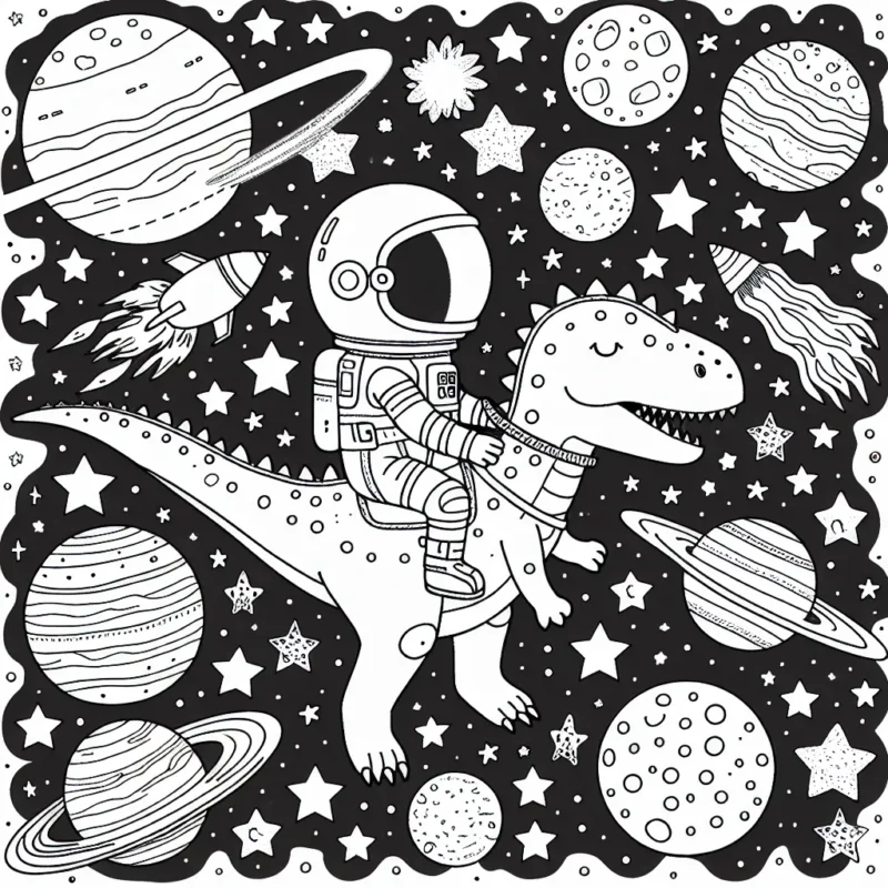 Un astronaute chevauchant un dinosaure dans l'espace, tandis qu'ils sont entourés de planètes, d'étoiles et de comètes colorées.