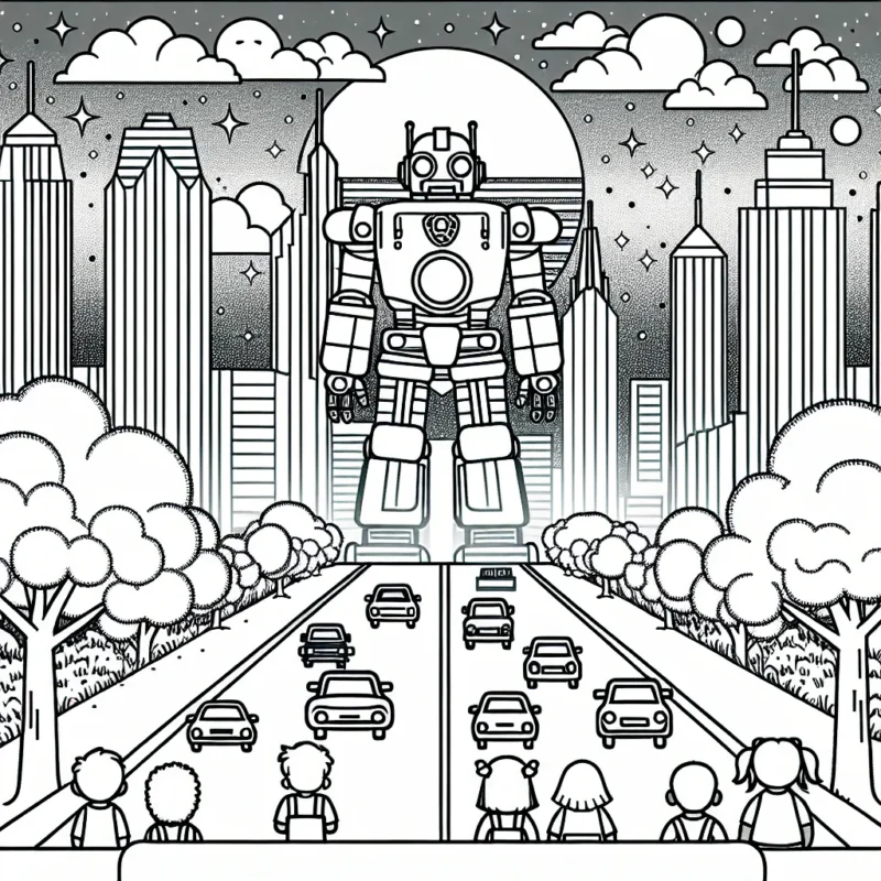 Imagine un grand robot protecteur de la ville étincelante au coucher du soleil avec des nuages flottants autour. Il y a également des arbres et des voitures qui se promènent sous lui. Sur le côté, des petits enfants qui gratuitement le regardent en admiration.