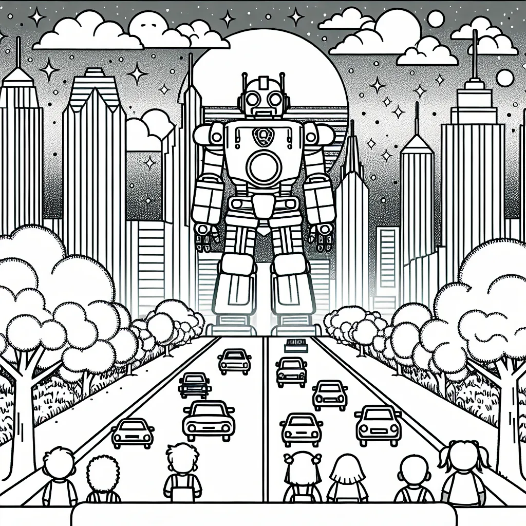 Imagine un grand robot protecteur de la ville étincelante au coucher du soleil avec des nuages flottants autour. Il y a également des arbres et des voitures qui se promènent sous lui. Sur le côté, des petits enfants qui gratuitement le regardent en admiration.