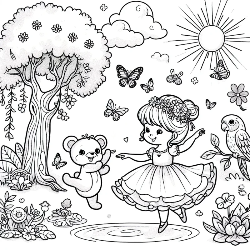 Imaginez une jeune princesse dansante avec un petit ourson doux dans un magnifique jardin fleuri, où les papillons voltigent et où un doux soleil brille. Il y a un grand arbre avec un perroquet coloré et une petite mare où nagent de jolies grenouilles.