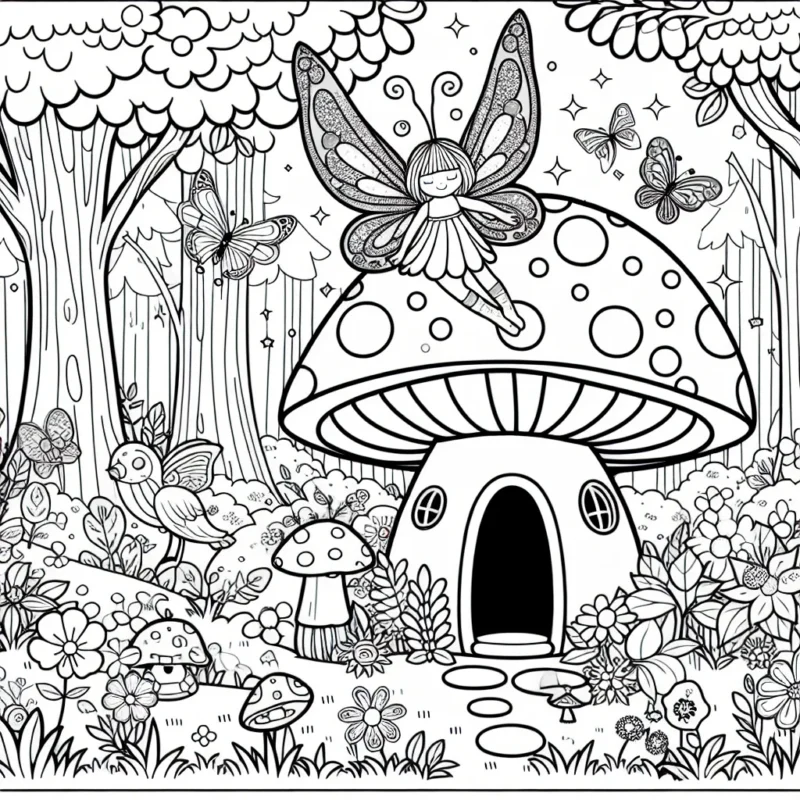 Une petite fée avec des ailes scintillantes émerge de sa maison en forme de champignon au milieu d'une forêt enchantée pleine de fleurs colorées, d'oiseaux chantants et de petits insectes curieux.
