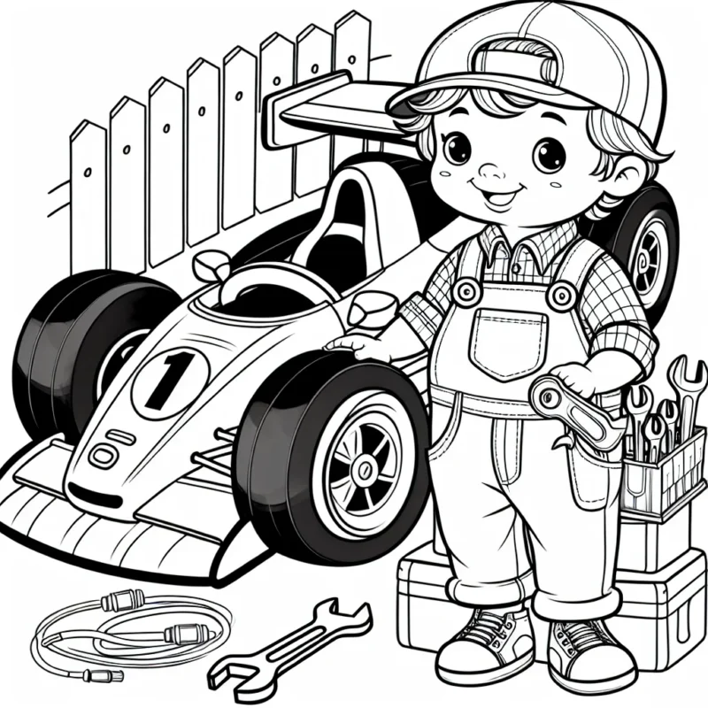 Sur la page de dessin, un petit garçon mécanicien joyeux est en train de réparer une grande voiture de course rouge. Il porte une casquette bleue, une salopette verte avec beaucoup d'outils dans les poches et la voiture a un grand numéro 1 sur le côté. Il y a également une petite clé à molette sur le sol à côté de lui.