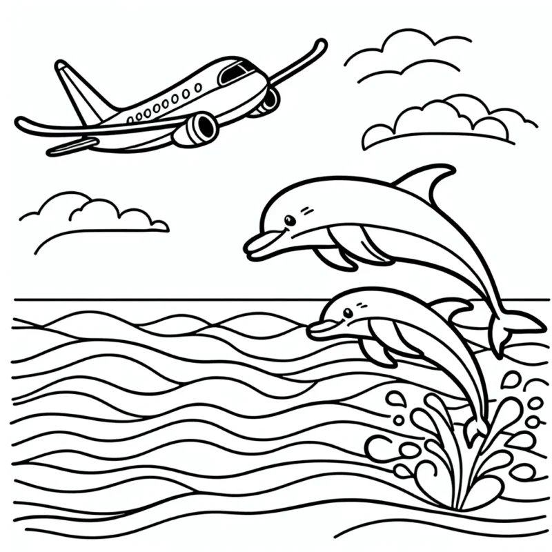 Dessine un avion survolant l'océan avec des dauphins qui sautent hors de l'eau