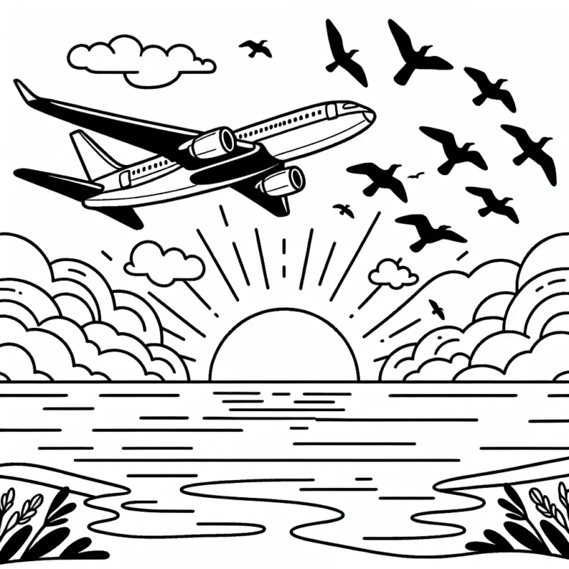 Dessine un avion à réaction qui survole l'océan, avec des oiseaux migrateurs à ses côtés et un magnifique coucher de soleil en toile de fond.