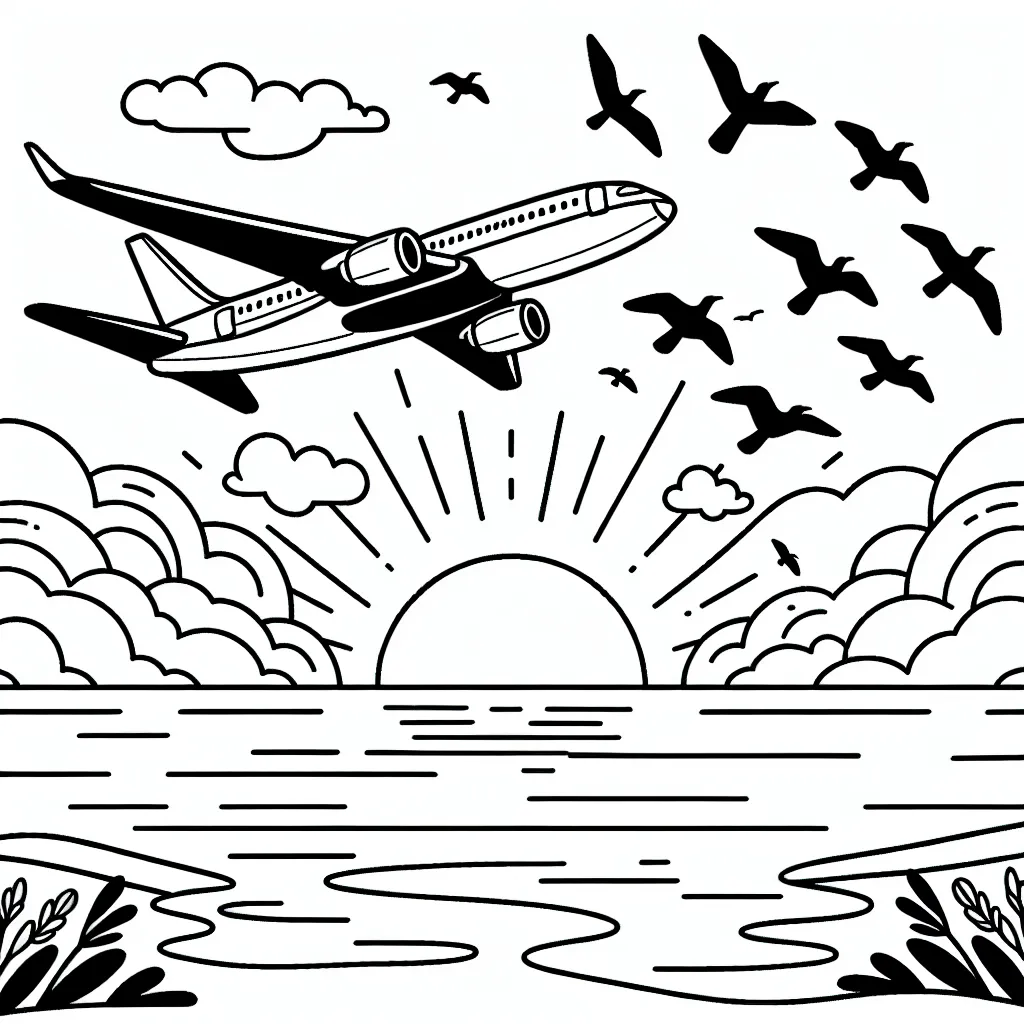 Dessine un avion à réaction qui survole l'océan, avec des oiseaux migrateurs à ses côtés et un magnifique coucher de soleil en toile de fond.