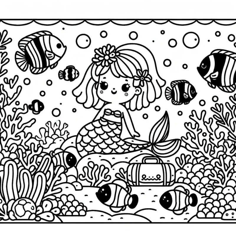 Une petite sirène explore un monde sous-marin coloré avec ses amis les poissons-clowns, entourée de coraux de toutes les couleurs et de trésors cachés.