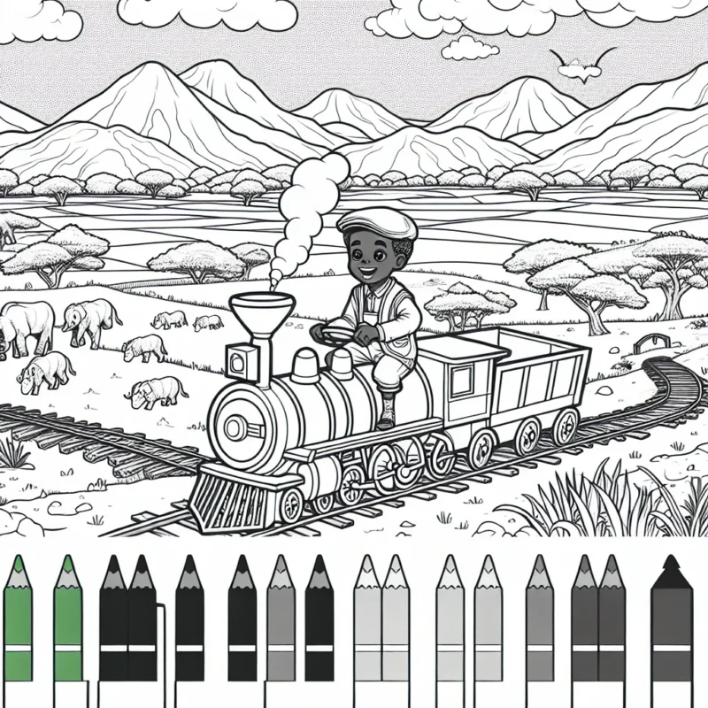 Un petit garçon en train de conduire une locomotive à vapeur dans le paysage de la campagne, avec des vallées, champs, animaux et un pont à traverser.