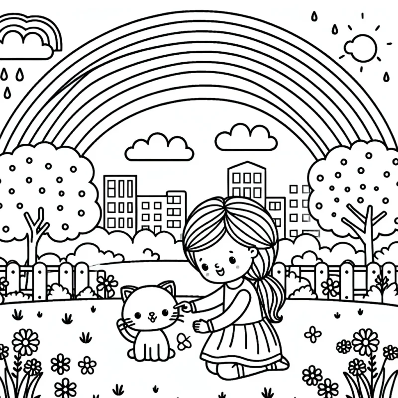 Une petite fille joue dans un parc avec son chaton sous un arc-en-ciel
