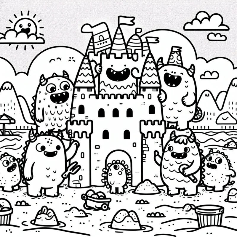 Dessine une équipe de petits monstres amicaux qui construisent un château de sable gigantesque sur une plage animée !