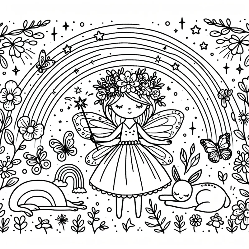 Une petite fée avec sa baguette magique est en train de donner vie à une magnifique couronne de fleurs. Autour d'elle, il y a un jardin féerique avec des papillons, des arcs-en-ciel, des étoiles scintillantes et un petit cerf endormi.