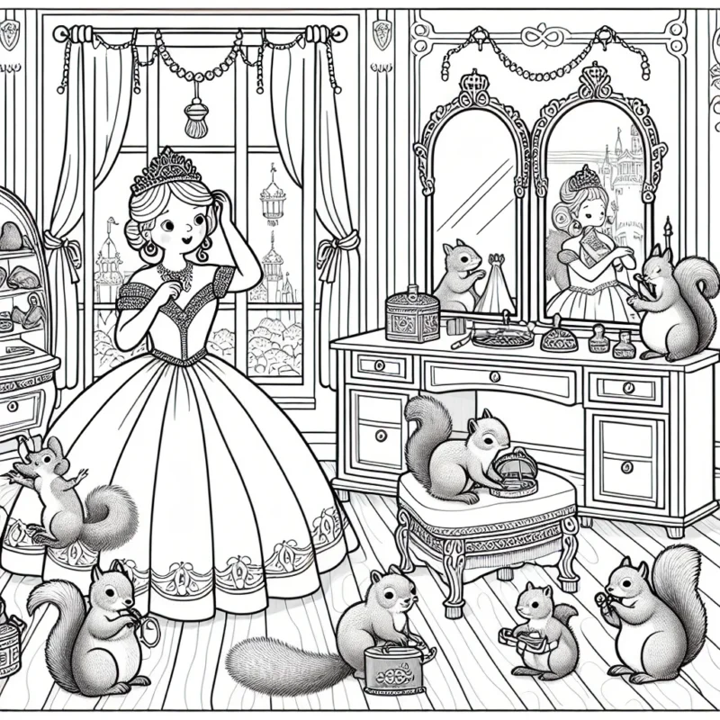Une princesse qui se prépare pour le grand bal dans son royaume, entourée de ses servantes animaux