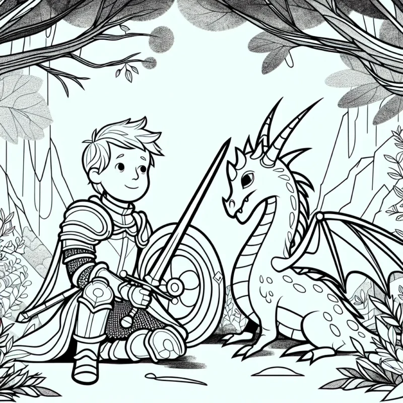 Un jeune chevalier et son petit dragon au cœur de la forêt enchantée