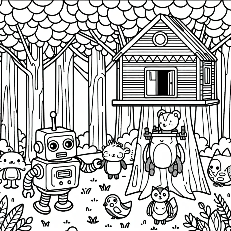 Un robot amical aidant une bande d'animaux dans la construction d'un arbre maison au milieu d'une forêt colorée.