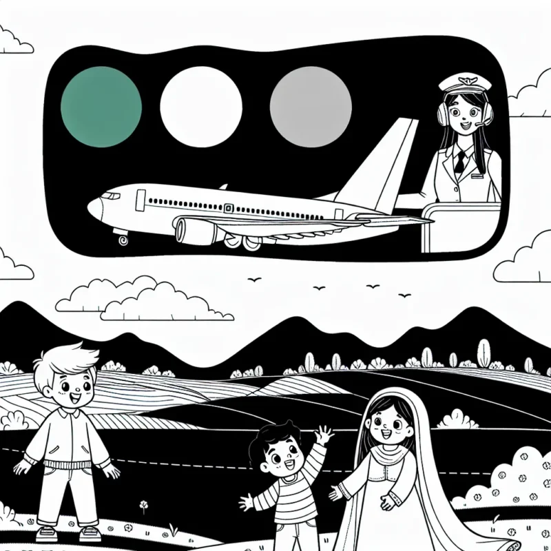 Dans ce dessin à colorier, on peut voir un avion de ligne survolant un paysage pittoresque. Aux commandes, un pilote salue les enfants dessinés en bas à droite de l'image. Pour ajouter de la couleur à cette scène, quelles couleurs choisiriez-vous pour l'avion, le pilote, le ciel et les enfants ?