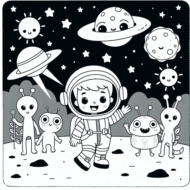 Dans une belle journée ensoleillée, un petit garçon habillé en astronaute explore une planète mystérieuse remplie d'aliens amicaux et de drôles de créatures.