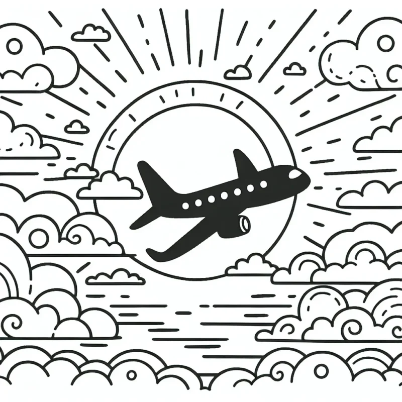 Un avion dans le ciel, glissant parmi les nuages avec le soleil couchant en arrière-plan