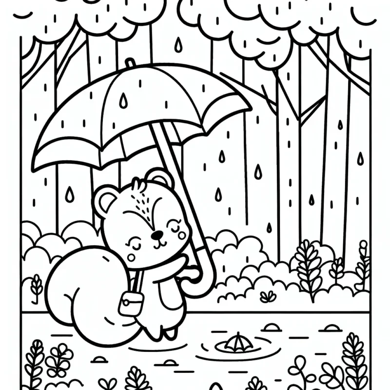 Un petit écureuil tenant un parapluie, jouant sous la pluie dans la forêt