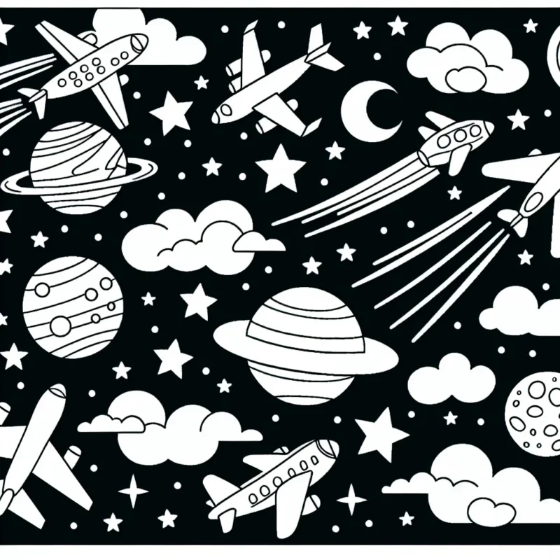 Une douzaine d’avions différents volant dans le ciel étoilé, avec la lune et quelques planètes visibles en arrière-plan