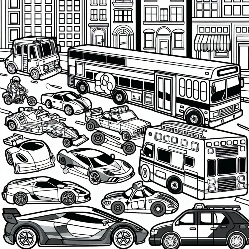 Un paysage urbain avec une variété de voitures de toutes les formes et toutes les tailles. Il y a des voitures de sport, des voitures de courses, des camions, des fourgonnettes, des bus et même des voitures de police et de pompiers.