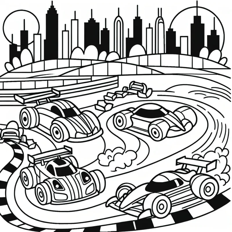 Dessinez une course endiablée entre différentes voitures colorées sur un circuit impressionnant.