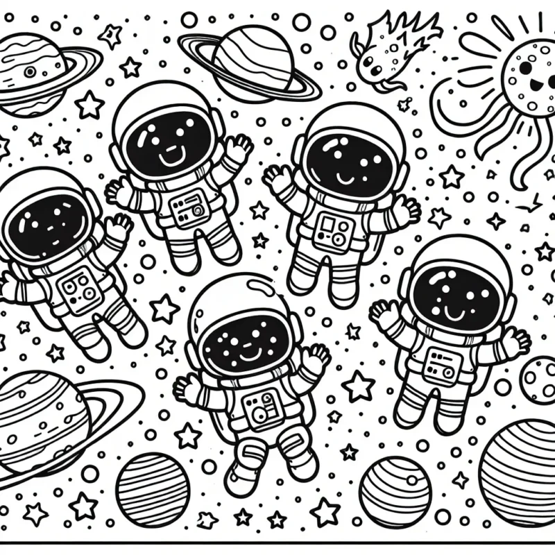 Un groupe d'astronautes amusants planant dans l'espace, entourés de planètes colorées, de comètes étincelantes et d'étoiles scintillantes.