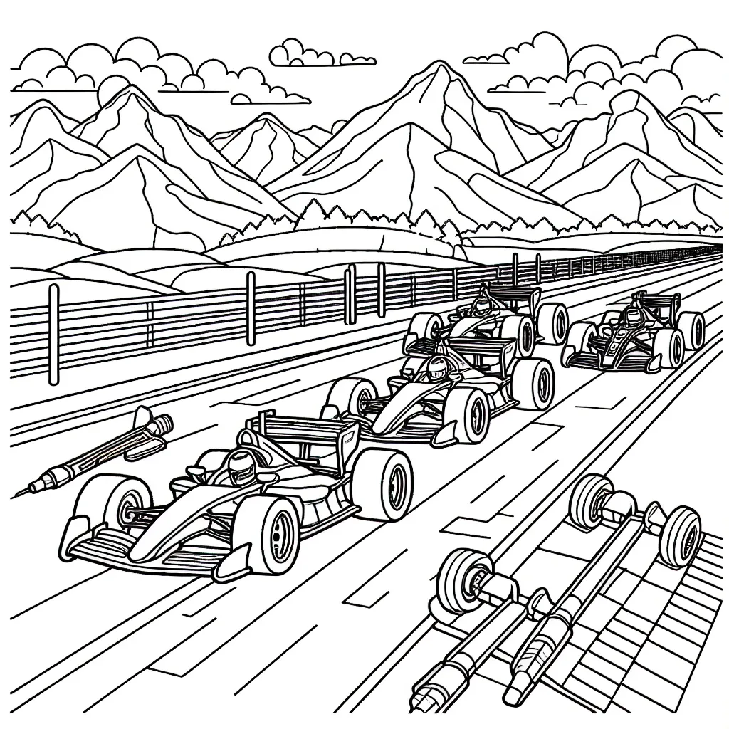 Dessine une file de voitures de course colorées sur une piste de circuit, avec de magnifiques montagnes et un ciel bleu en arrière-plan.