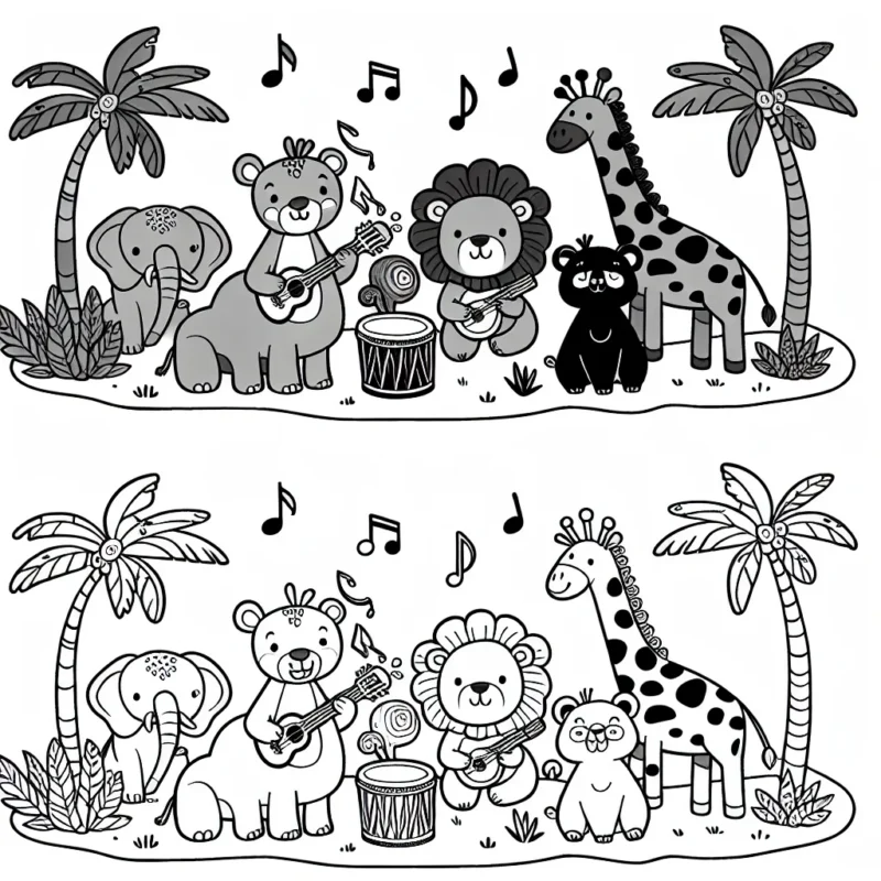 Imagine une jungle ludique avec des animaux qui jouent des instruments de musique.