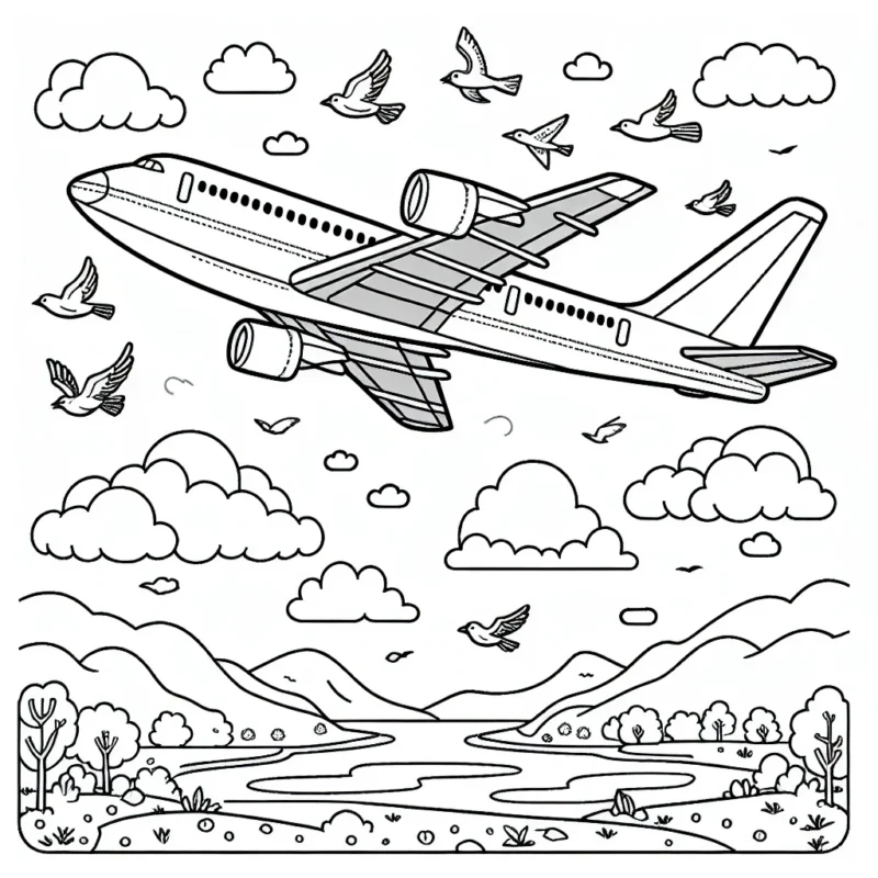 Un avion vole haut dans le ciel dégagé en arrière-plan avec des nuages dispersés. Autour de l'avion, plusieurs oiseaux volent également. En bas, le sol est visible avec des montagnes, arbres et une rivière. Le avion est grand et détaillé, avec des fenêtres, des ailes, des hélices et une queue.
