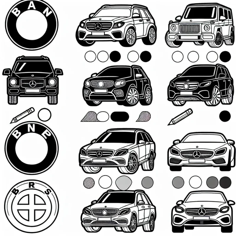 Chacune des images représente une voiture de marque différente. Ton devoir est de reconnaître la marque de la voiture et colorier chaque voiture selon les couleurs réelles du logo de la marque. Amuse-toi bien!