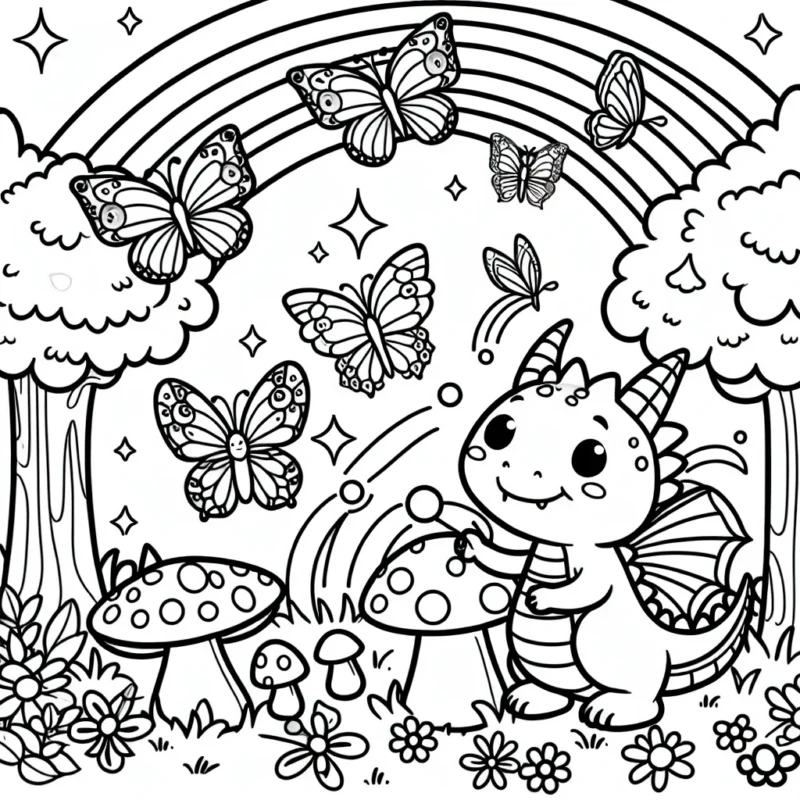 Dans une clairière de la forêt enchantée, Mini-Dragon joue avec des papillons magiques. Ils sautent sur les champignons, volent entre les arcs-en-ciel et partagent des éclats de rire avec leurs autres amis de la forêt.