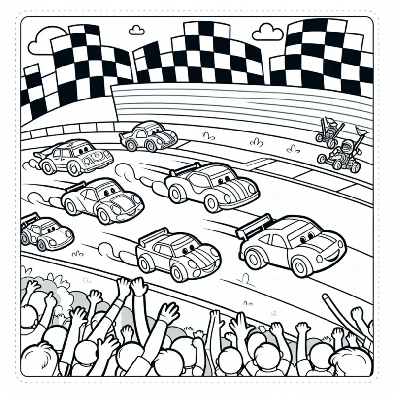 Dessine une scène animée d'un circuit de course avec différents types de voitures colorées qui s'affrontent pour la première place, n'oublie pas de représenter les spectateurs les encourageant depuis les tribunes.