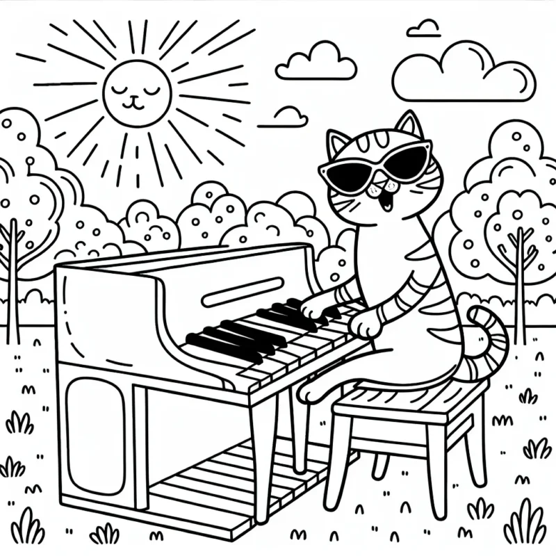 Un musicien chat espiègle jouant du piano dans un parc ensoleillé