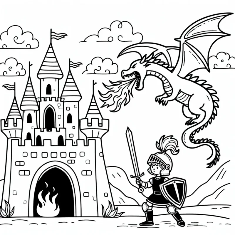 Un jeune chevalier défendant son château contre un dragon cracheur de feu