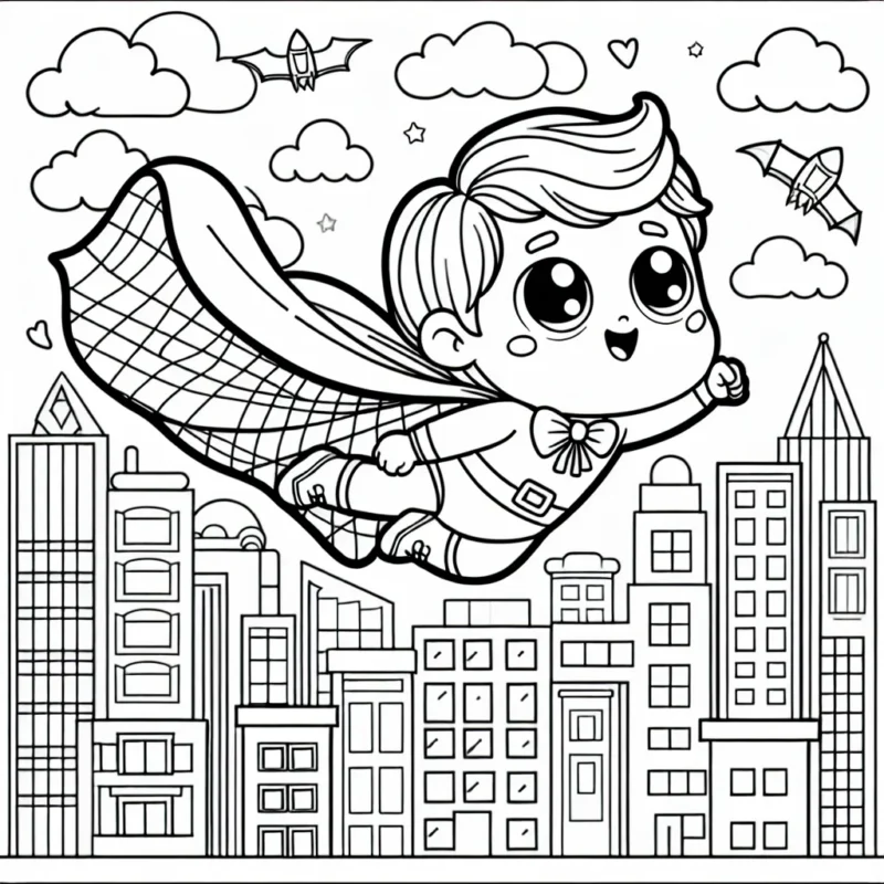 Scène d'un petit garçon superhéros volant au-dessus de la ville