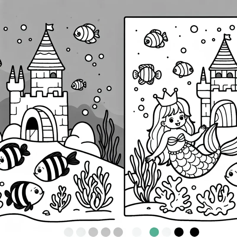 Une petite sirène qui joue avec des poissons colorés près d'un château de corail