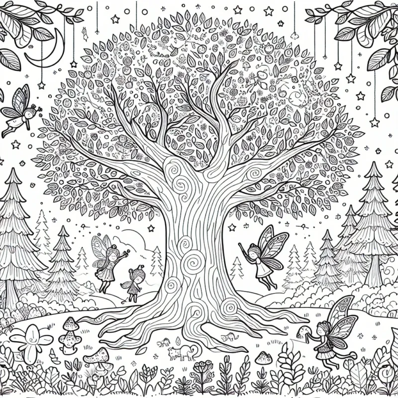 Un arbre ancestral magique dans une forêt enchantée entouré de petits animaux de la forêt et des fées qui jouent ensemble.