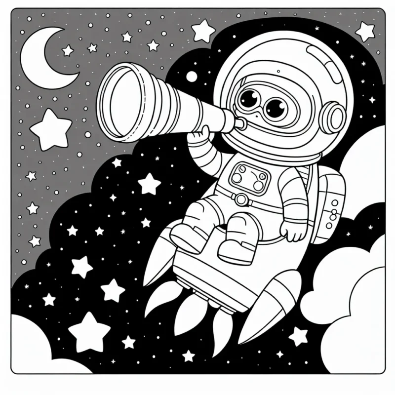 Un astronaute à bord d'une fusée spatial volant à travers le ciel étoilé, l'œil rivé sur un télescope.