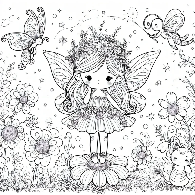 Une petite fée douce et gracieuse se tient sur une fleur d'une prairie féerique, entourée de ses amis animaux magiques.