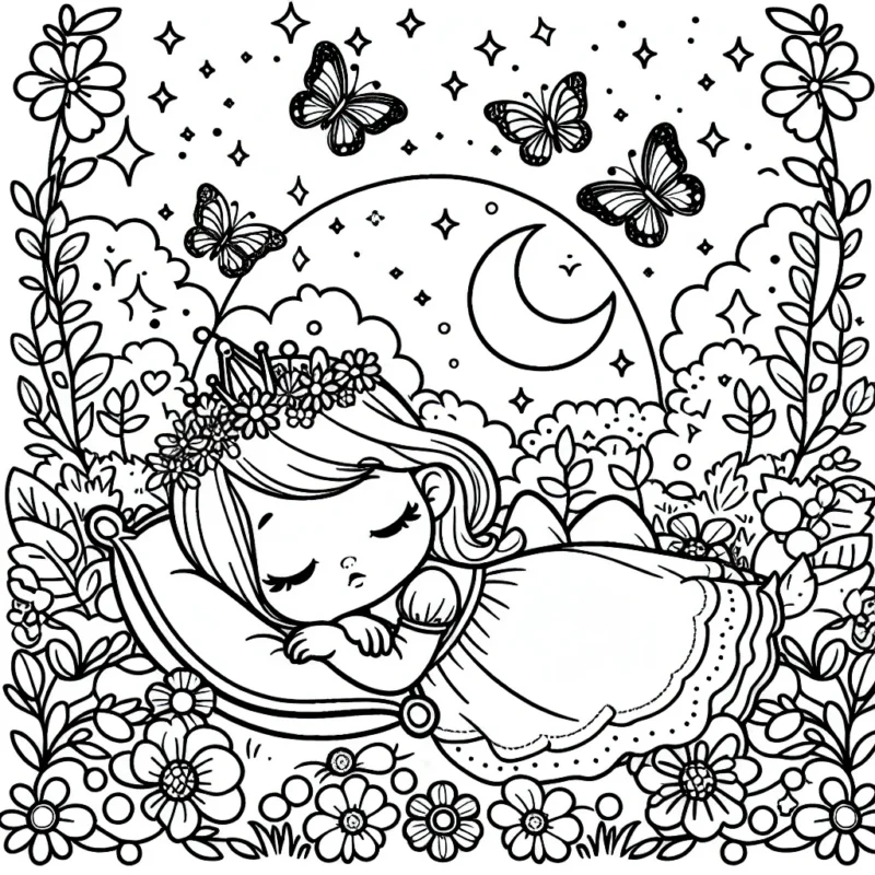 Une petite princesse endormie dans un jardin enchanté, entourée de papillons magiques et de fleurs lumineuses.