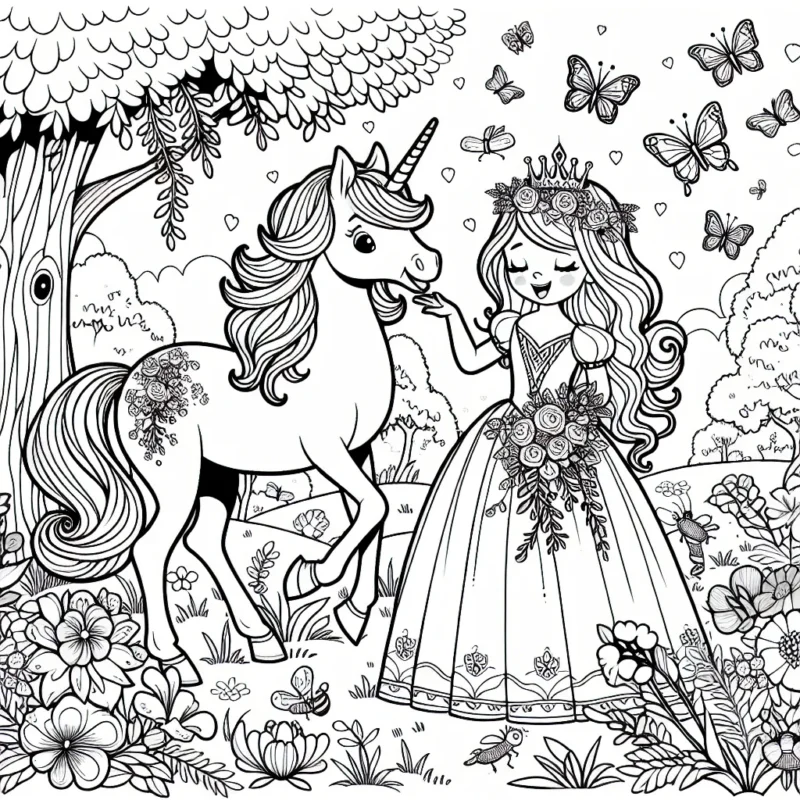 Une princesse joue avec son licorne dans un jardin enchanté.