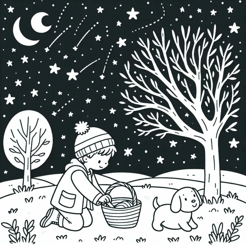 Un petit garçon dans son jardin en train de jouer avec son chien sous un ciel étoilé